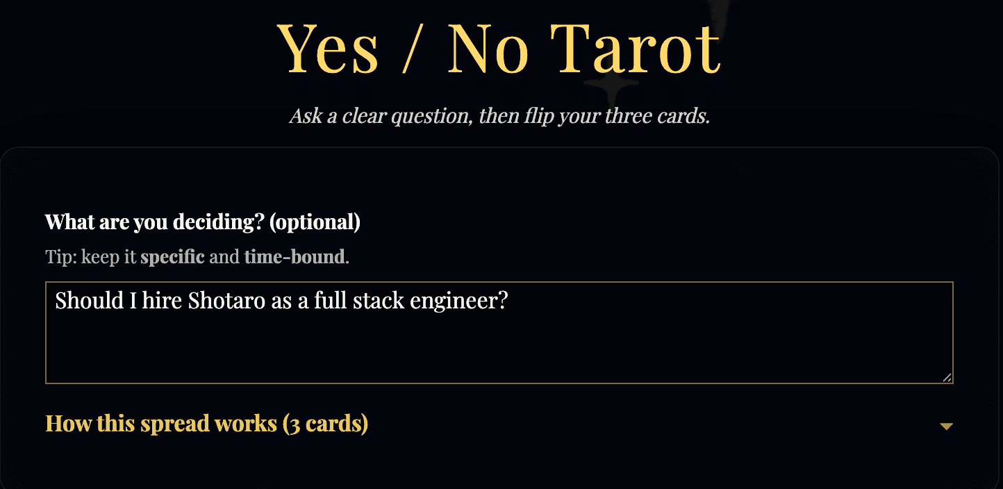 Step 1: Question input screen showing the Yes/No Tarot interface