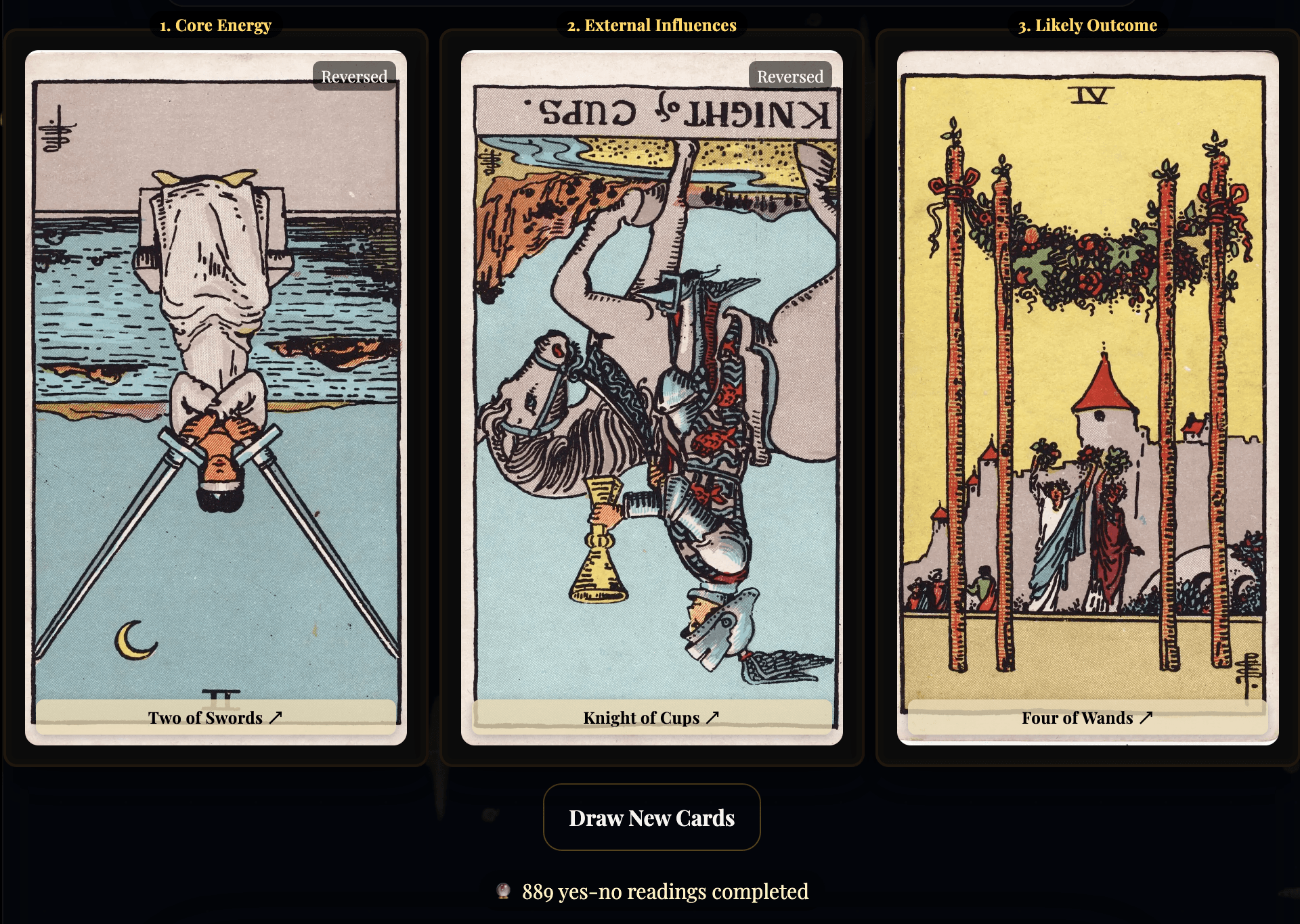 Step 2: Tarot cards drawn showing Core Energy, External Influences, and Likely Outcome