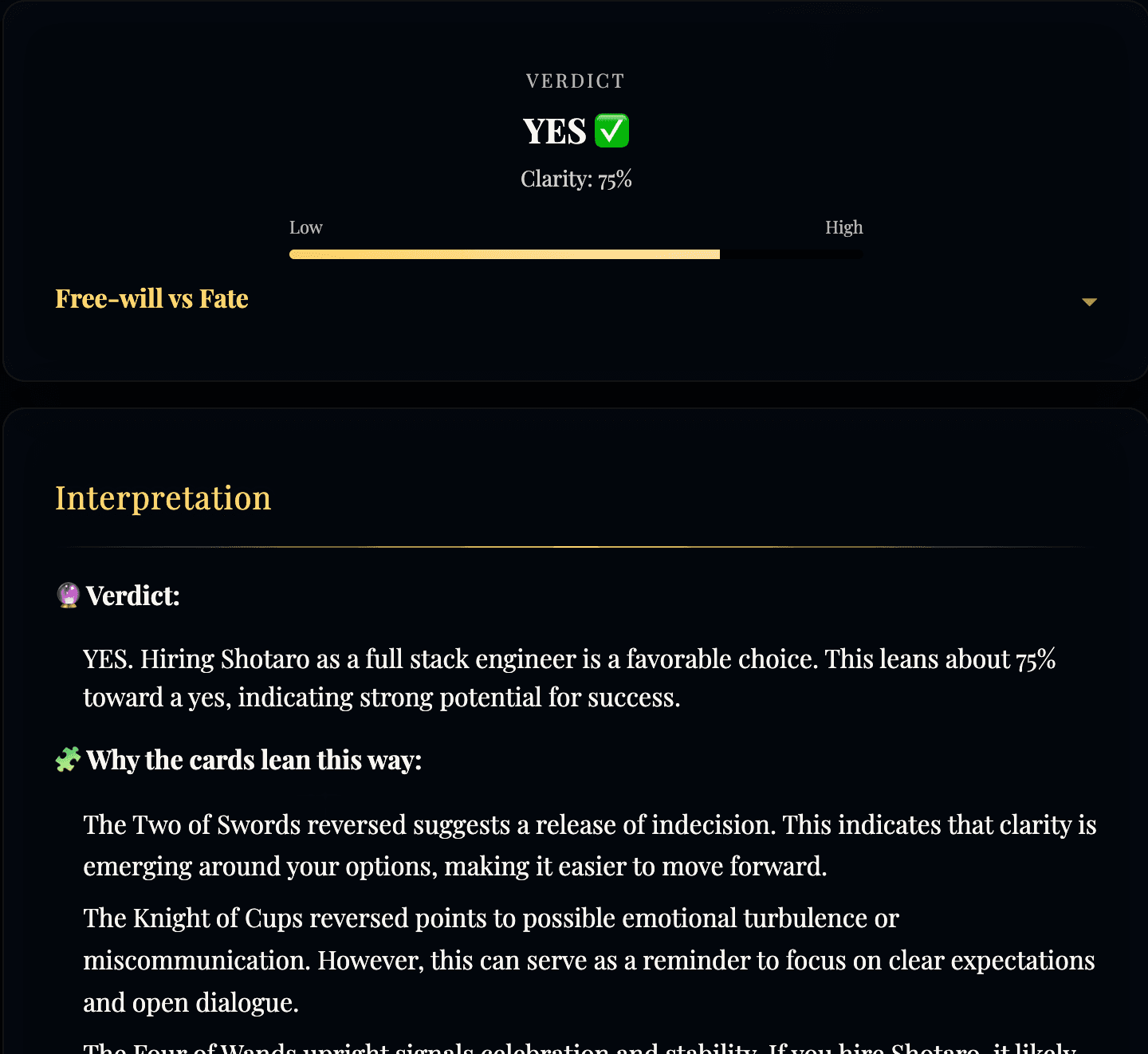 Step 3: Verdict and detailed interpretation with clarity percentage and reasoning